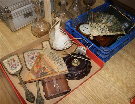 3 glass decanters and a box of mixed collectables